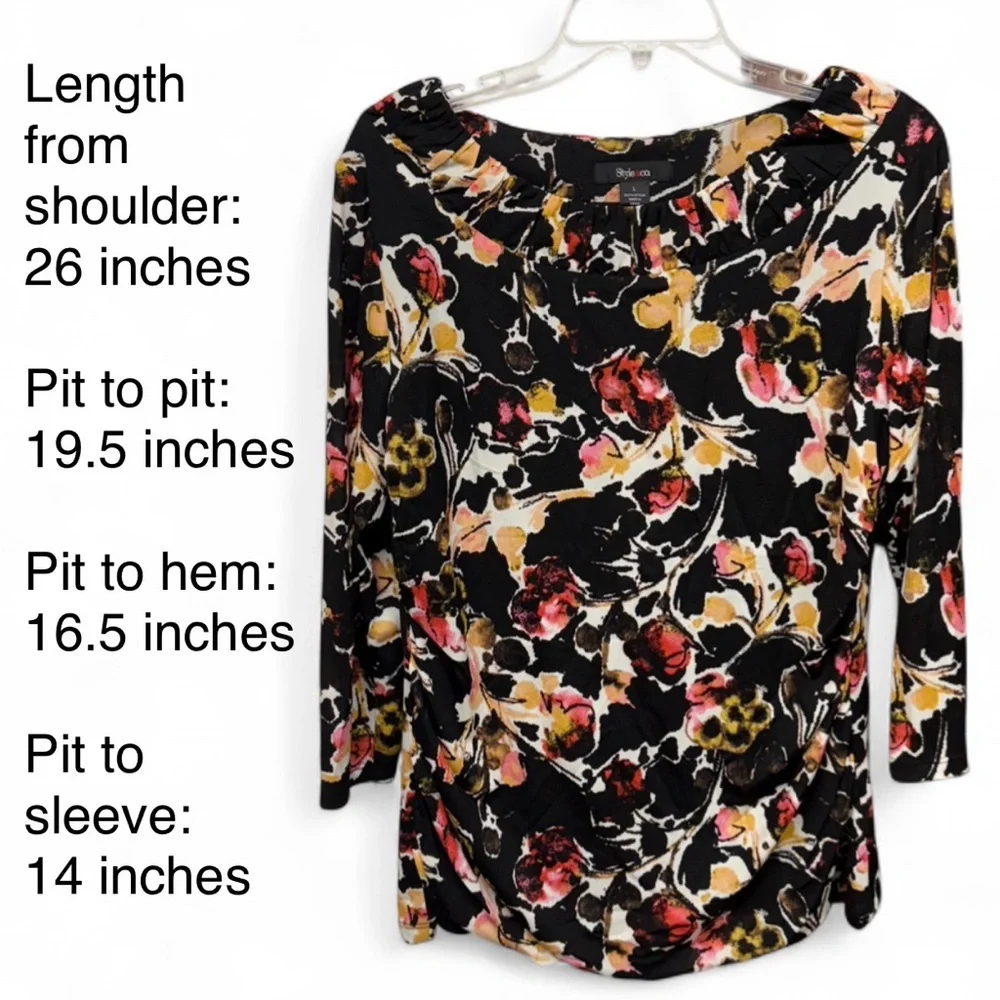 Style & Co. Women's Top Size L Black Floral Ruched 3/4 Sleeve Blouse 100% Nylon - Picture 3 of 7